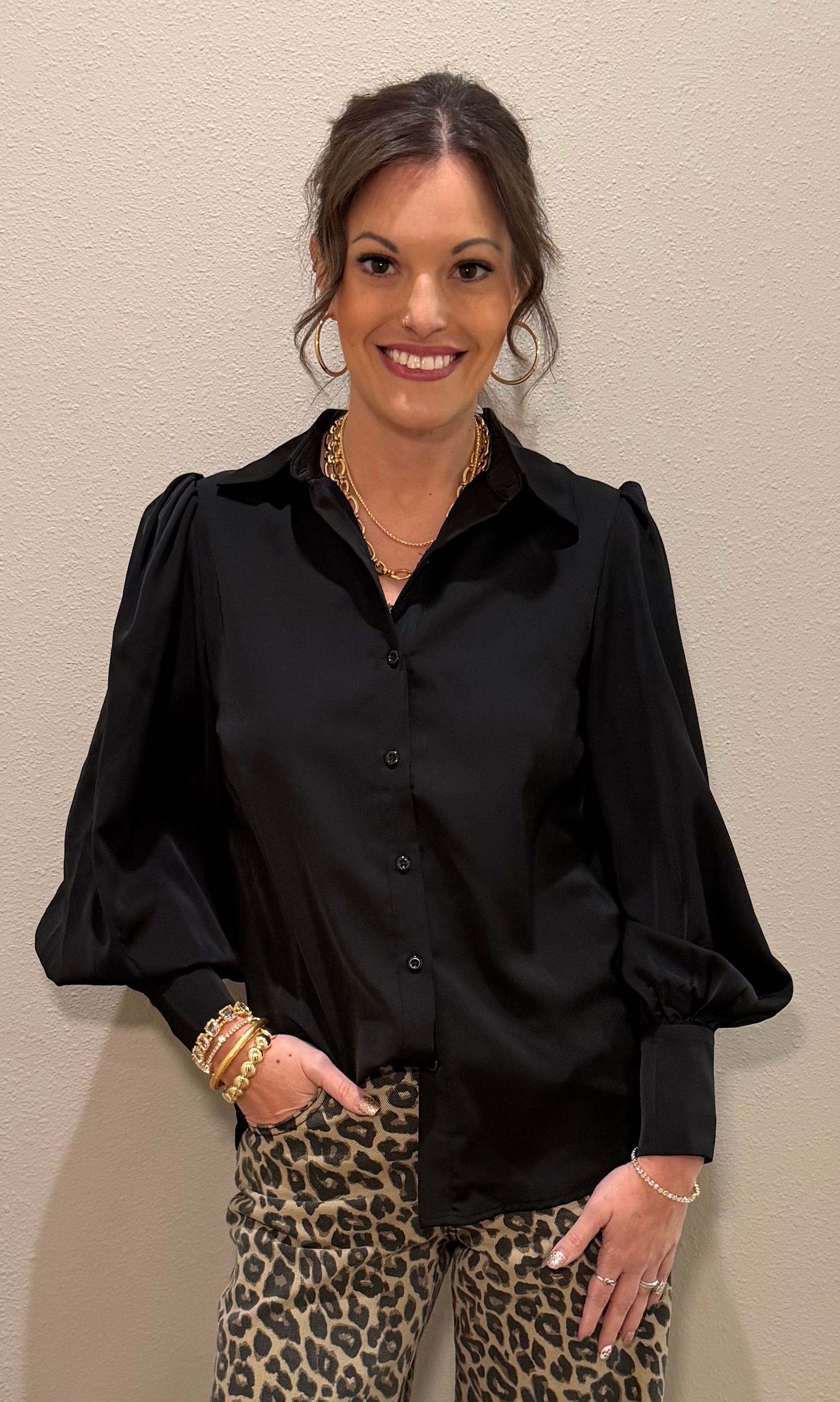 Black Button Down w/ Puff Sleeves