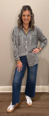 Black & White Striped Silk Button Down Top