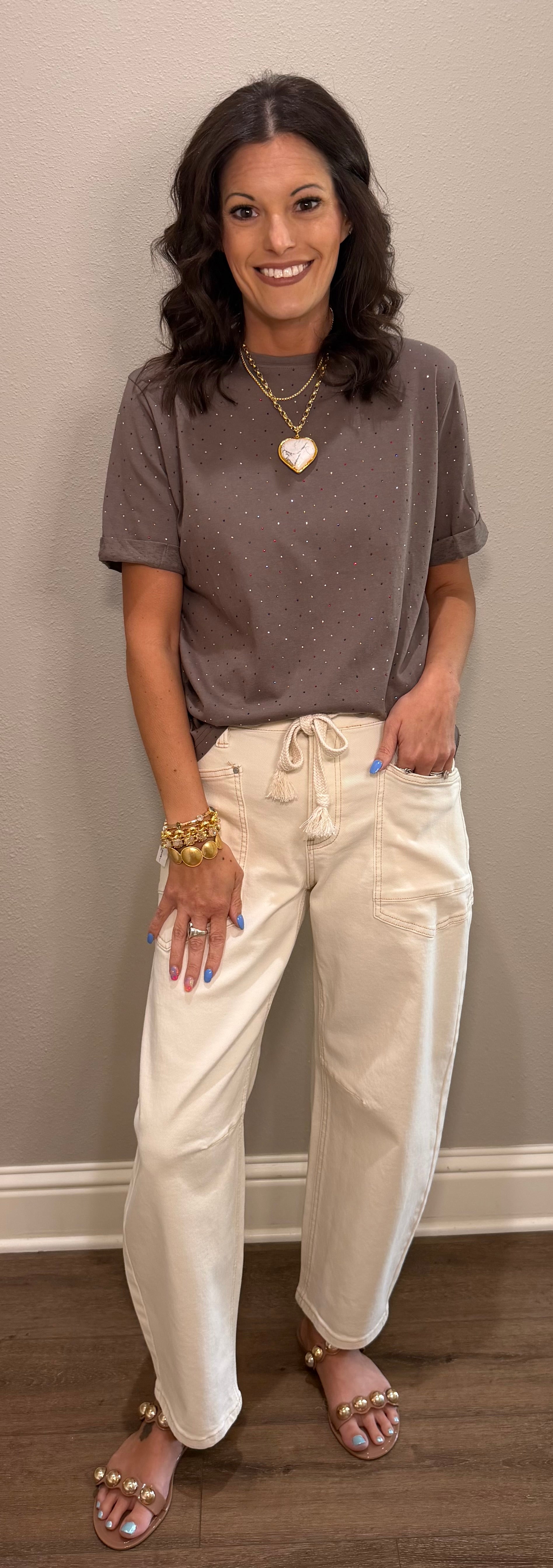 Rhinestone Embellished Crew Neck Tee - 2 COLORS