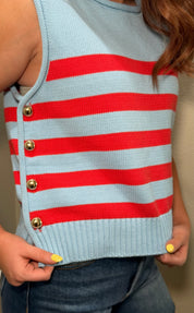 Blue/Red Striped Knit Tank Top w/ Large Gold Button Details