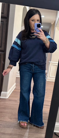 Blue Colorblock Raglan 3/4 Sleeve Top