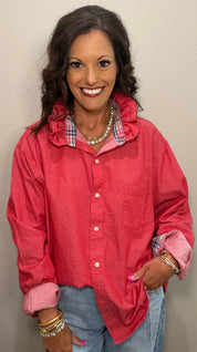 Solid Red Ruffle Collar Button Down with White Accents