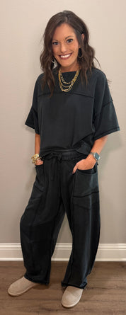 Black Mineral-Wash Boxy Top & Barrel Pants Set