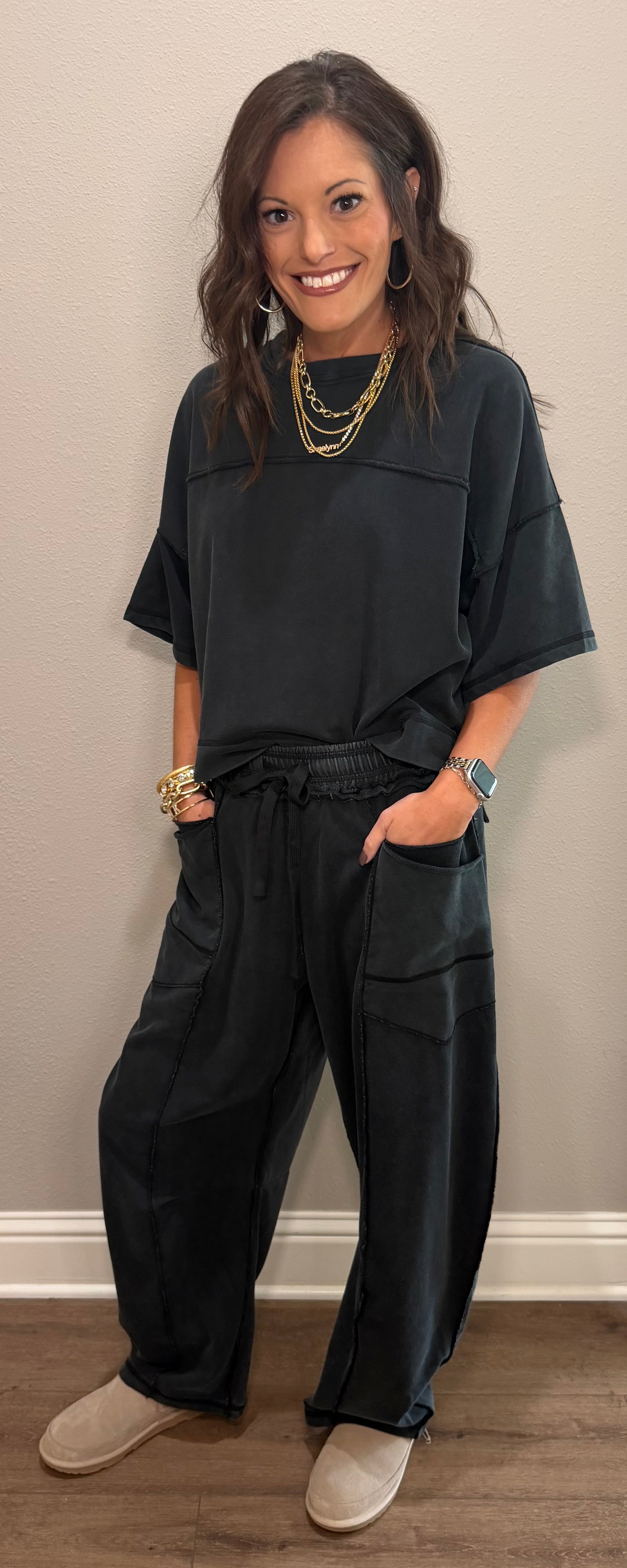 Black Mineral-Wash Boxy Top & Barrel Pants Set