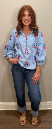 Chambray Embroidered 3/4 Sleeve Top
