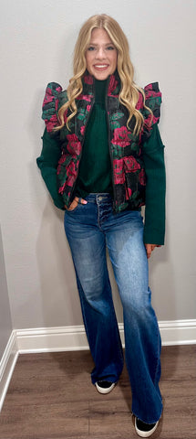 Black Floral Printed Puffer Vest w/ Ruffle Shoulder Details