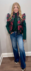 Black Floral Printed Puffer Vest w/ Ruffle Shoulder Details