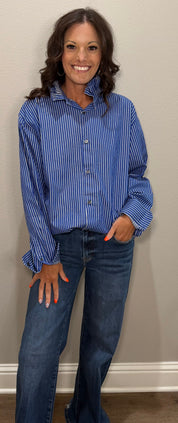 Blue & White Stripe Ruffle Collar Button Down Top