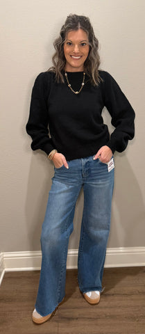 Black Ribbed Puff Sleeve