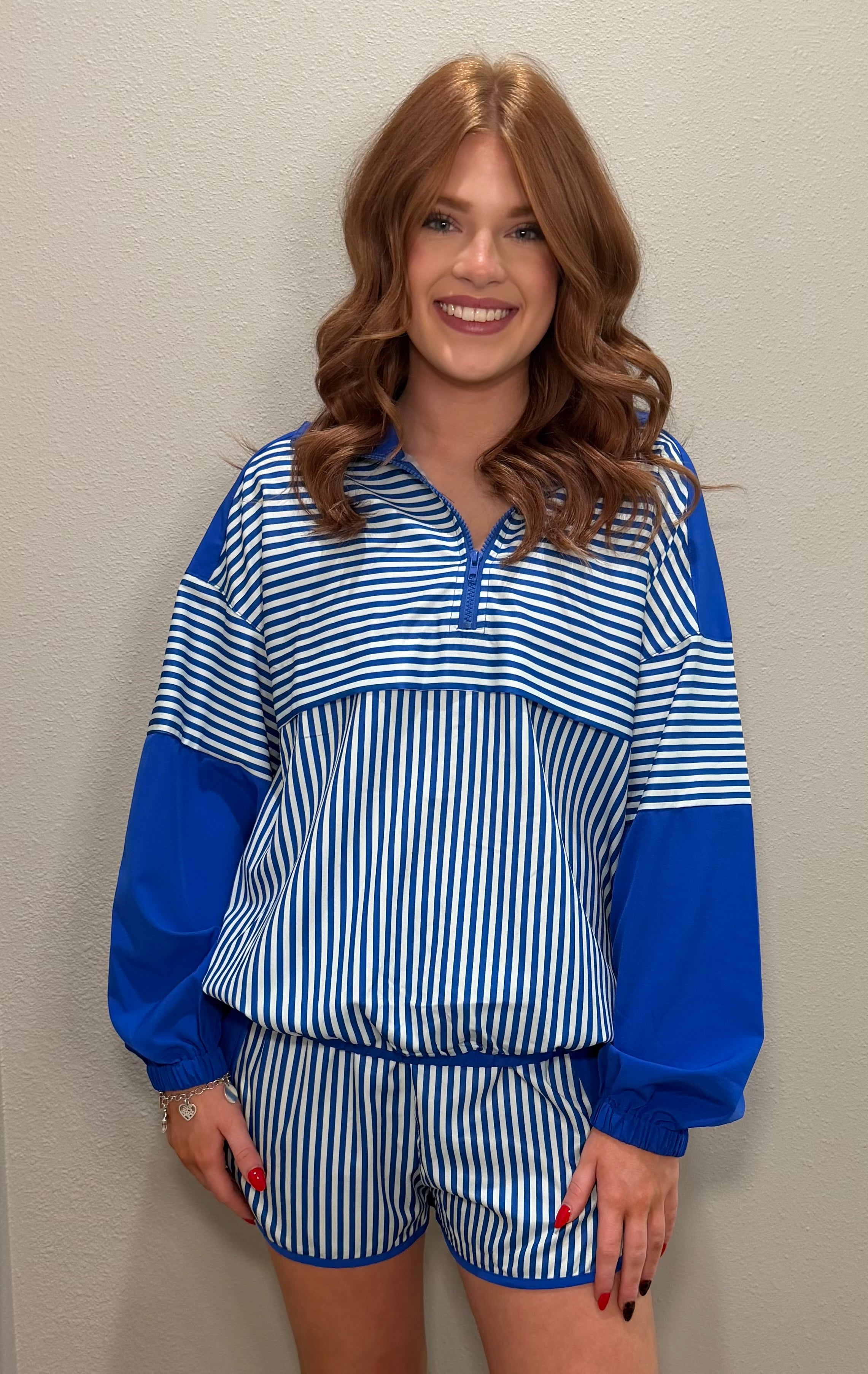 Blue & White Stripe Windbreaker Top & Shorts Set