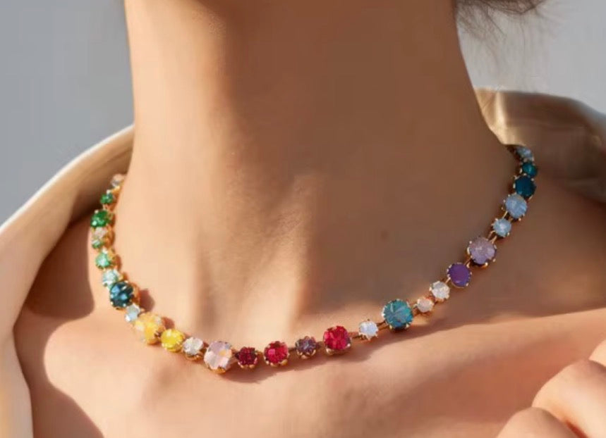 Multi Colored Crystal Necklace in Gold