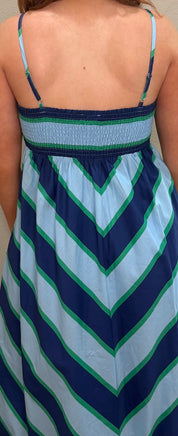 Navy, Light Blue & Green Striped Maxi Dress