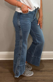 Wide Leg Denim Jeans w/ Braided Side Details