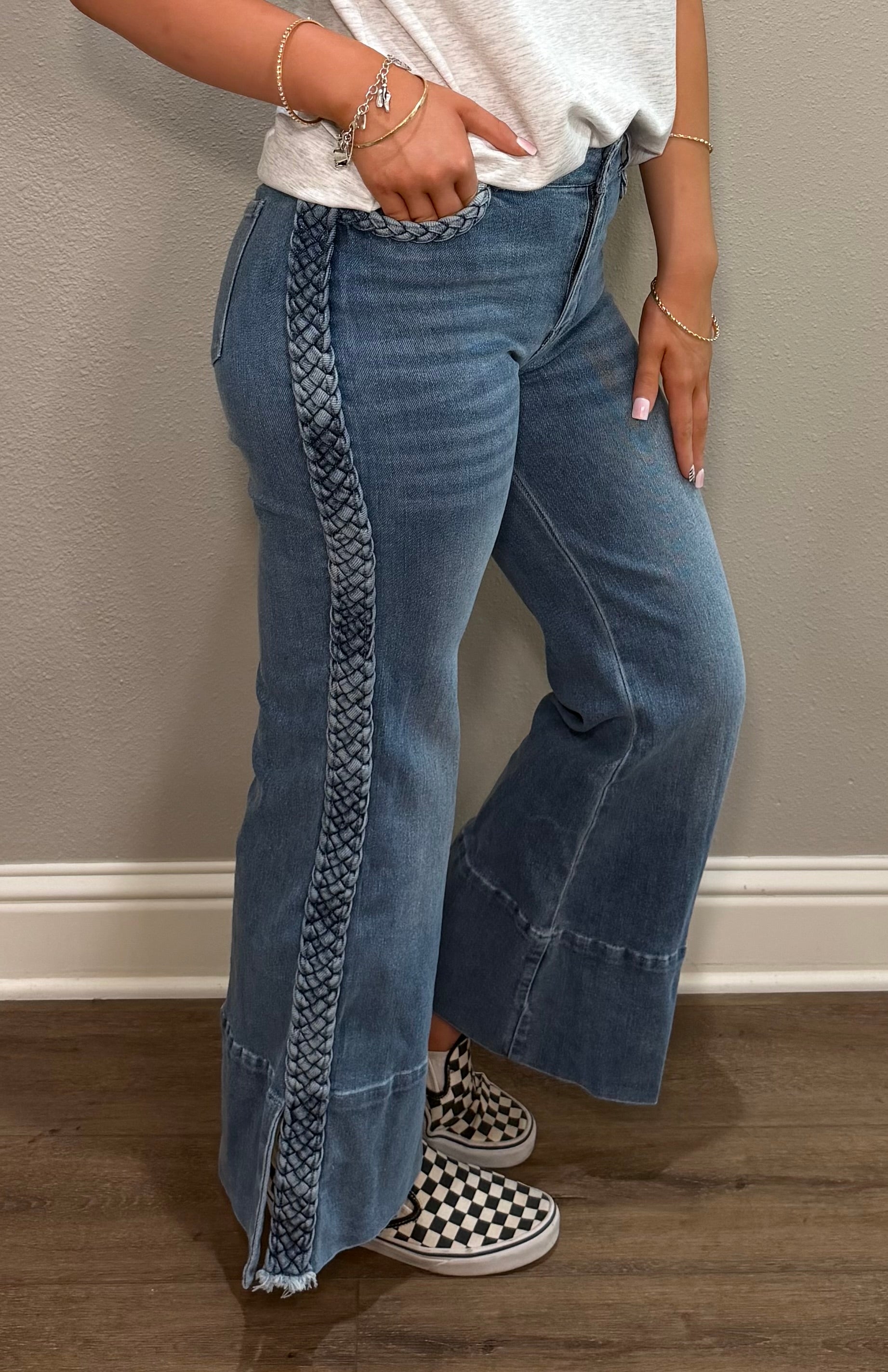 Wide Leg Denim Jeans w/ Braided Side Details