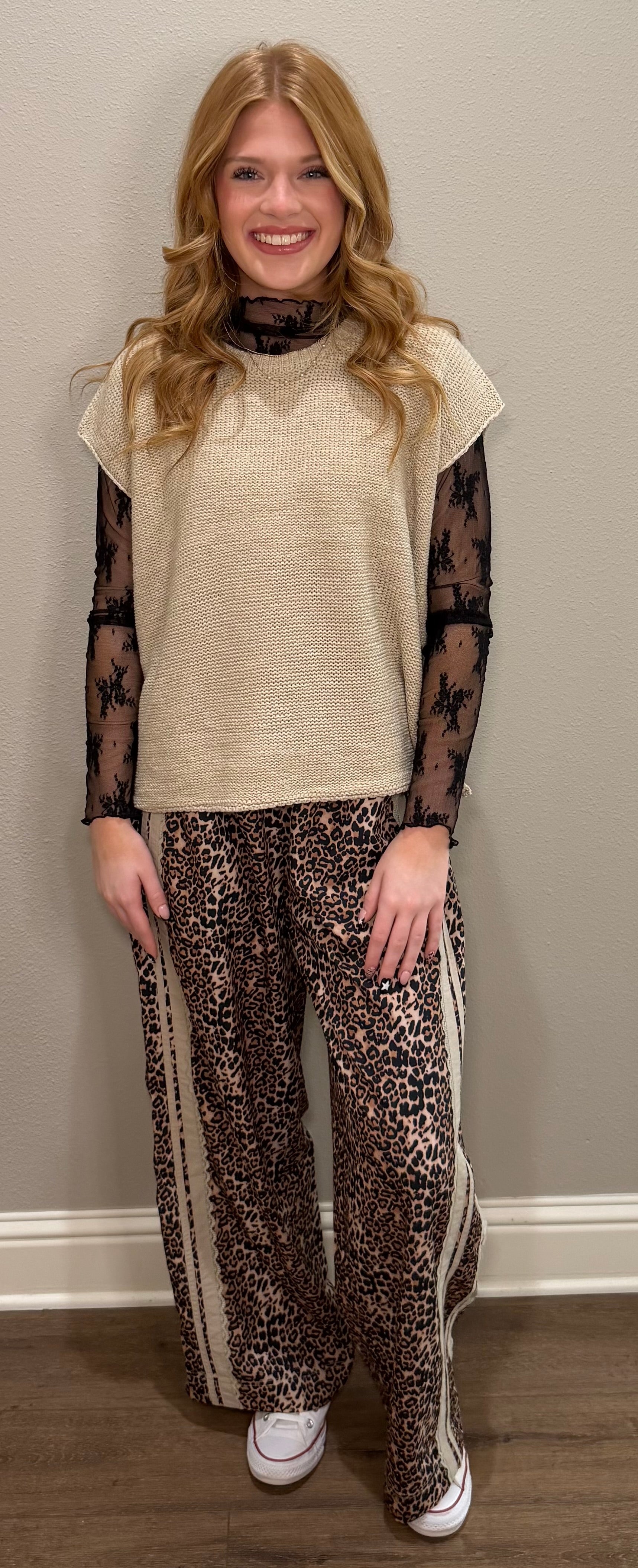 Leopard Printed Track Pants w/ Oatmeal Lace Side Details
