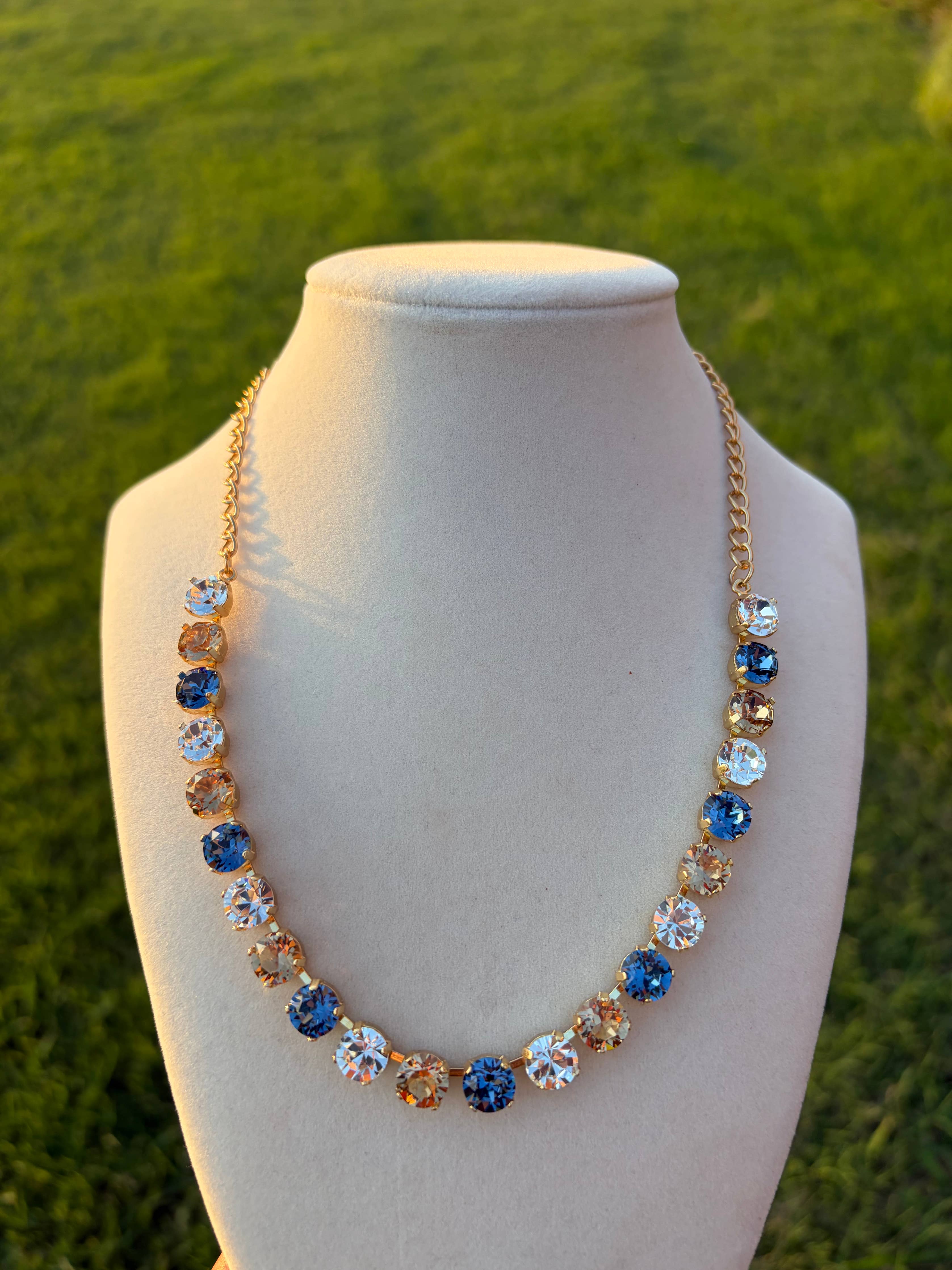 Blue Jean Beauty Rhinestone Necklace in Gold