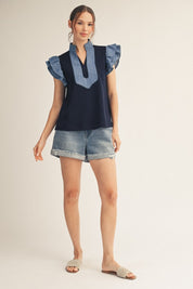 Navy/Denim Contrast Ruffle Sleeve Top