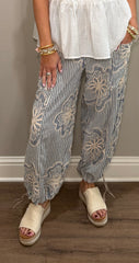 Denim Blue Embroidered Pants with Stripe Detailing