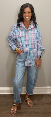 Pink/Purple/Turq Plaid Ruffle Collar Button Down