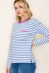 Blue & White Striped Blanket Stitch Long Sleeve Top