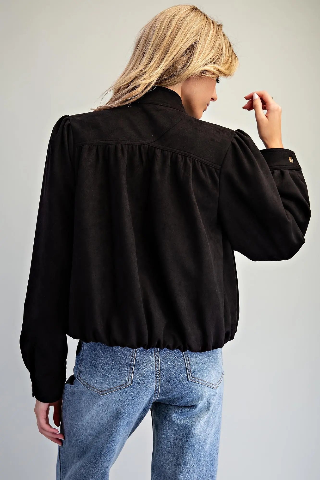 Black Suede Blouson Bottom Button Up Jacket