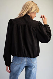 Black Suede Blouson Bottom Button Up Jacket