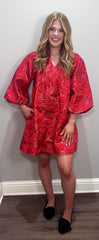3/4 Puff Sleeves Floral Jacquard Dress w/ Ruffled Neckline