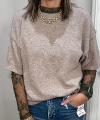 Basic Drop Shoulder Short Sleeve Top w/ Raw Edge Details - 4 COLORS