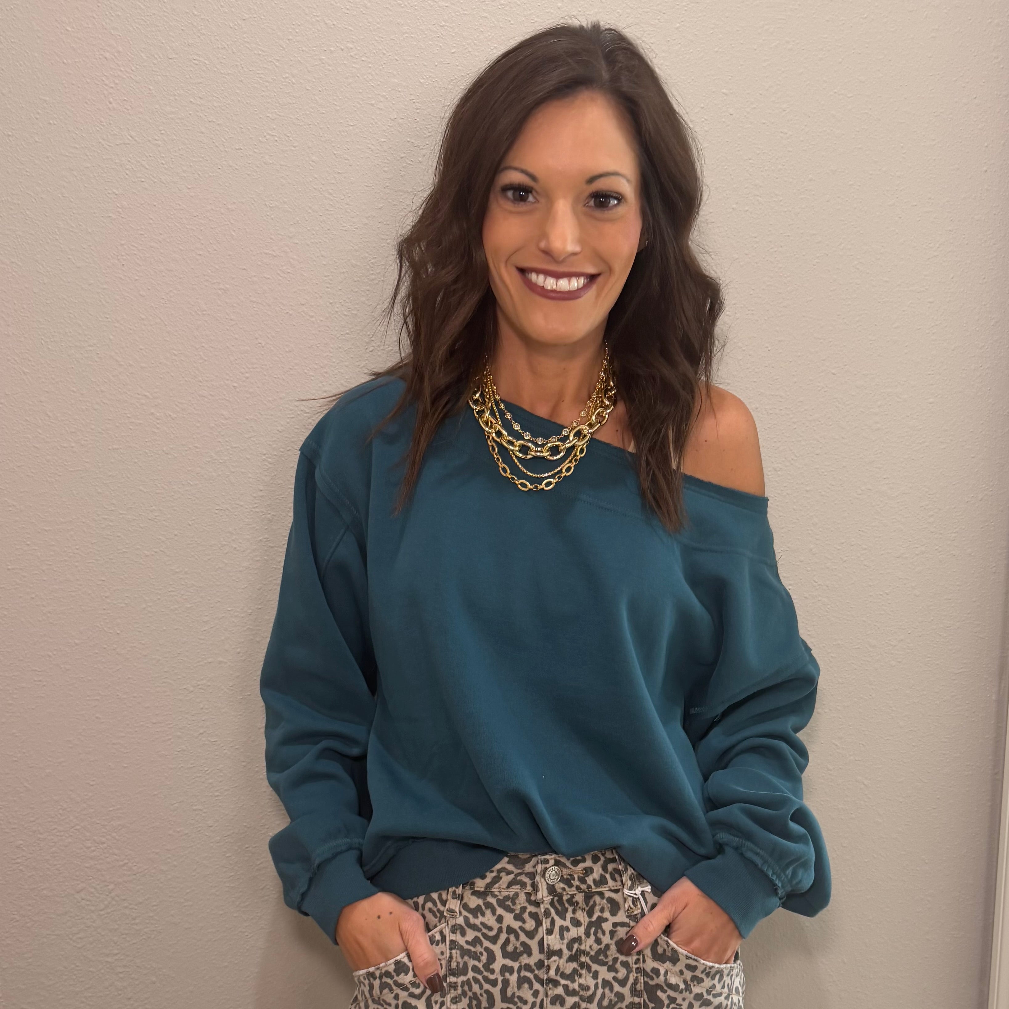 Dark Teal Off-The-Shoulder Sweatshirt