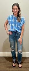 Blue Polka Dot & Stripes Knit Top w/ Flutter Sleeve