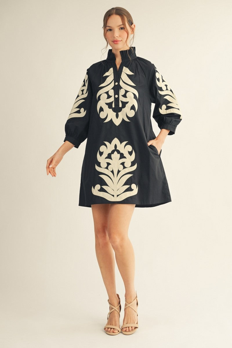 Black Baroque Floral Applique Dress