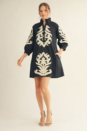 Black Baroque Floral Applique Dress