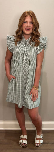 Olive Checkered Ruffle Sleeve Dress