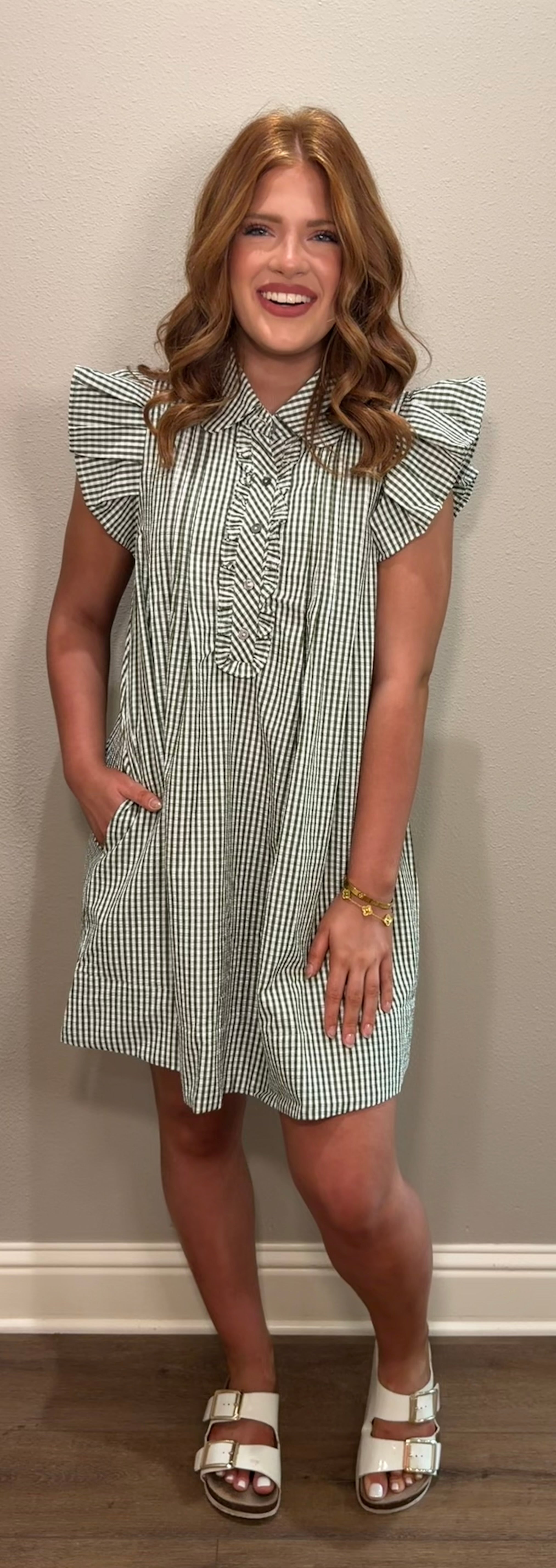 Olive Checkered Ruffle Sleeve Dress
