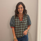 Sage Stripe Denim Sleeve Houndstooth Tweed Top