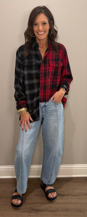 Red & Black Mixed Plaid Button Down Top