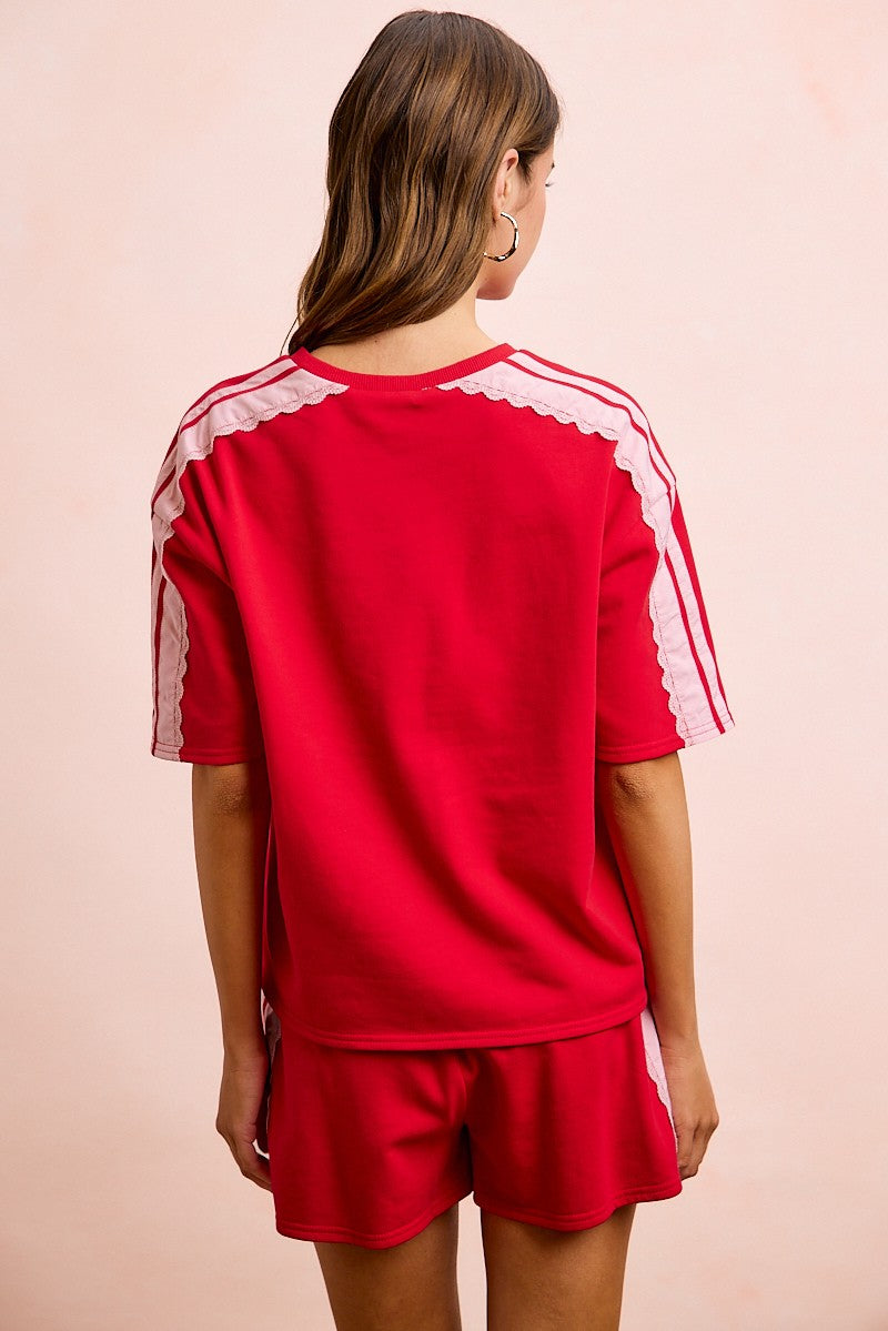 Red French Terry Lace Trimmed Top – Just By Chance Clothing & Jewelry