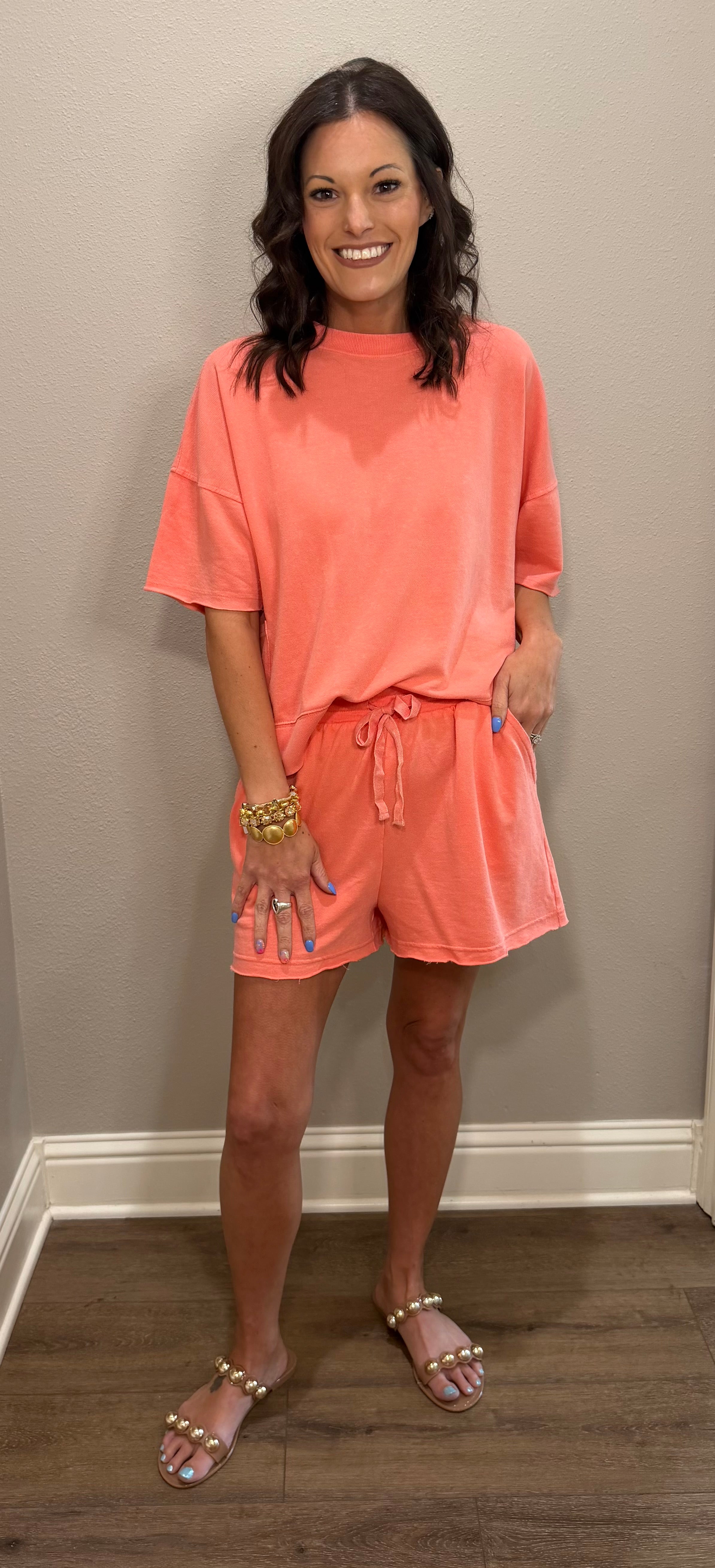 Coral Mineral Washed Knit Short Set