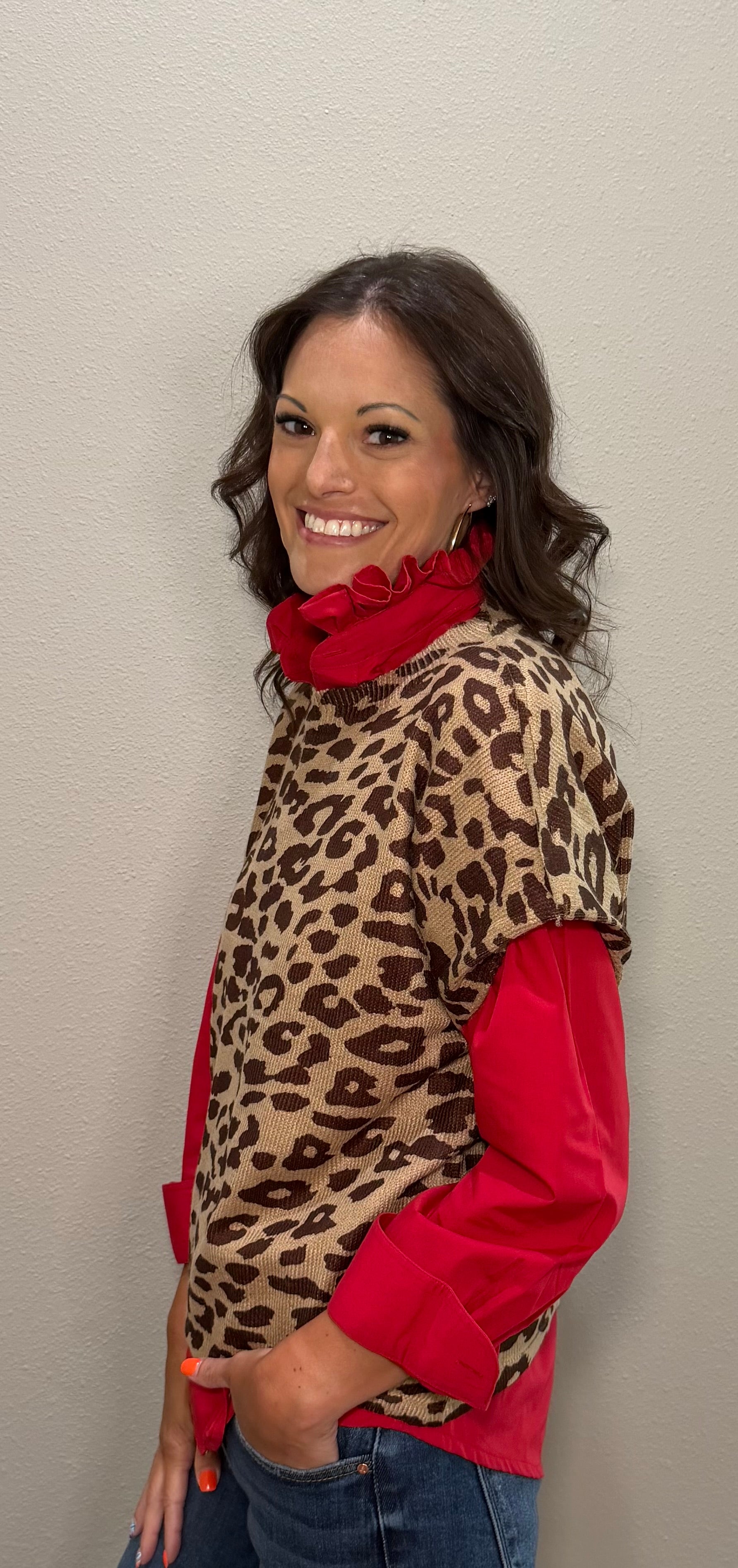 Solid Red Ruffle Collar Button Down Top