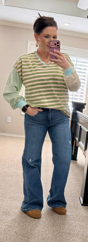 Mixed Sage Green Stripe French Terry Pullover