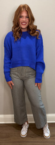 Cobalt Blue Ribbed Drop Shoulder Sweater Top