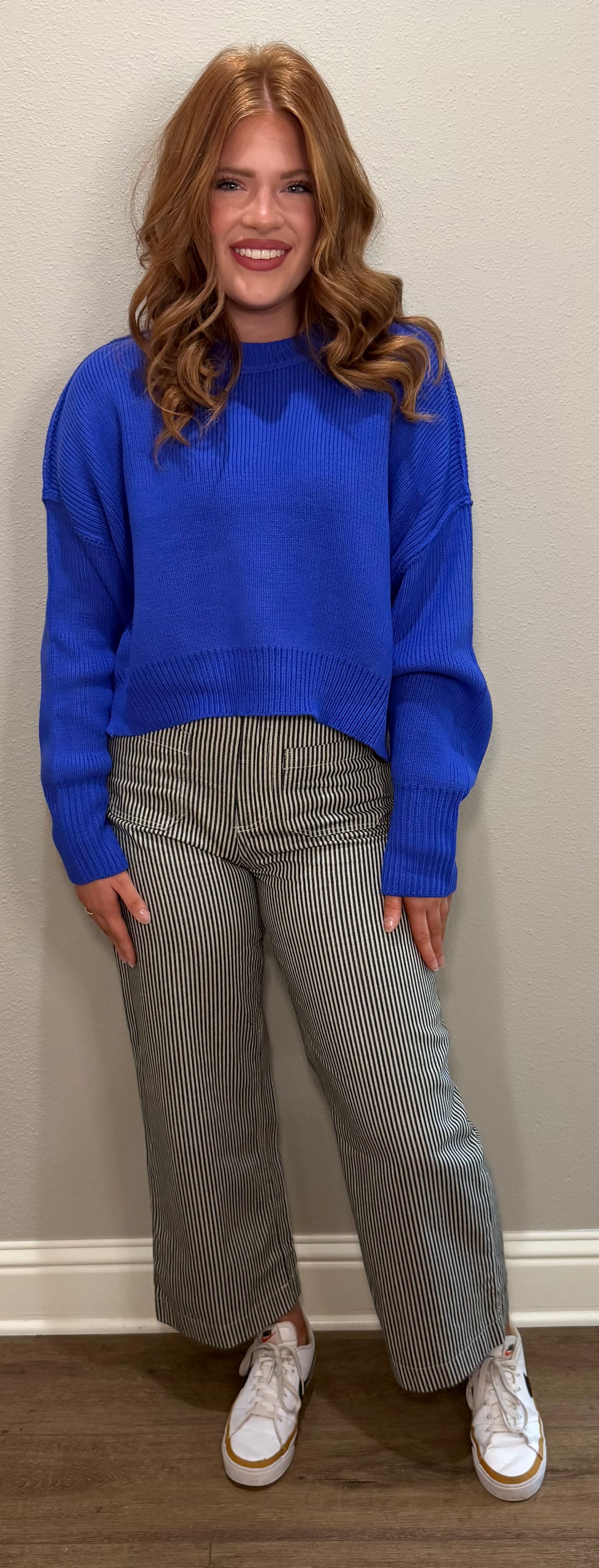 Cobalt Blue Ribbed Drop Shoulder Sweater Top