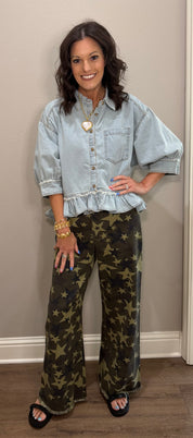 Oversized Denim Chambray Ruffle Hem Button Down Top