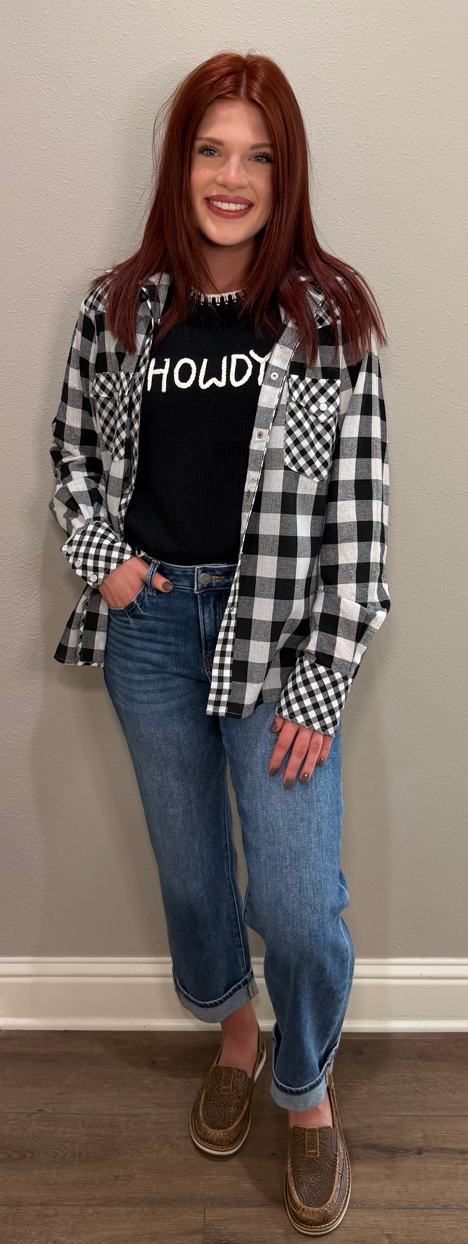 Black & White Checkered Mix Gingham Button Down Top