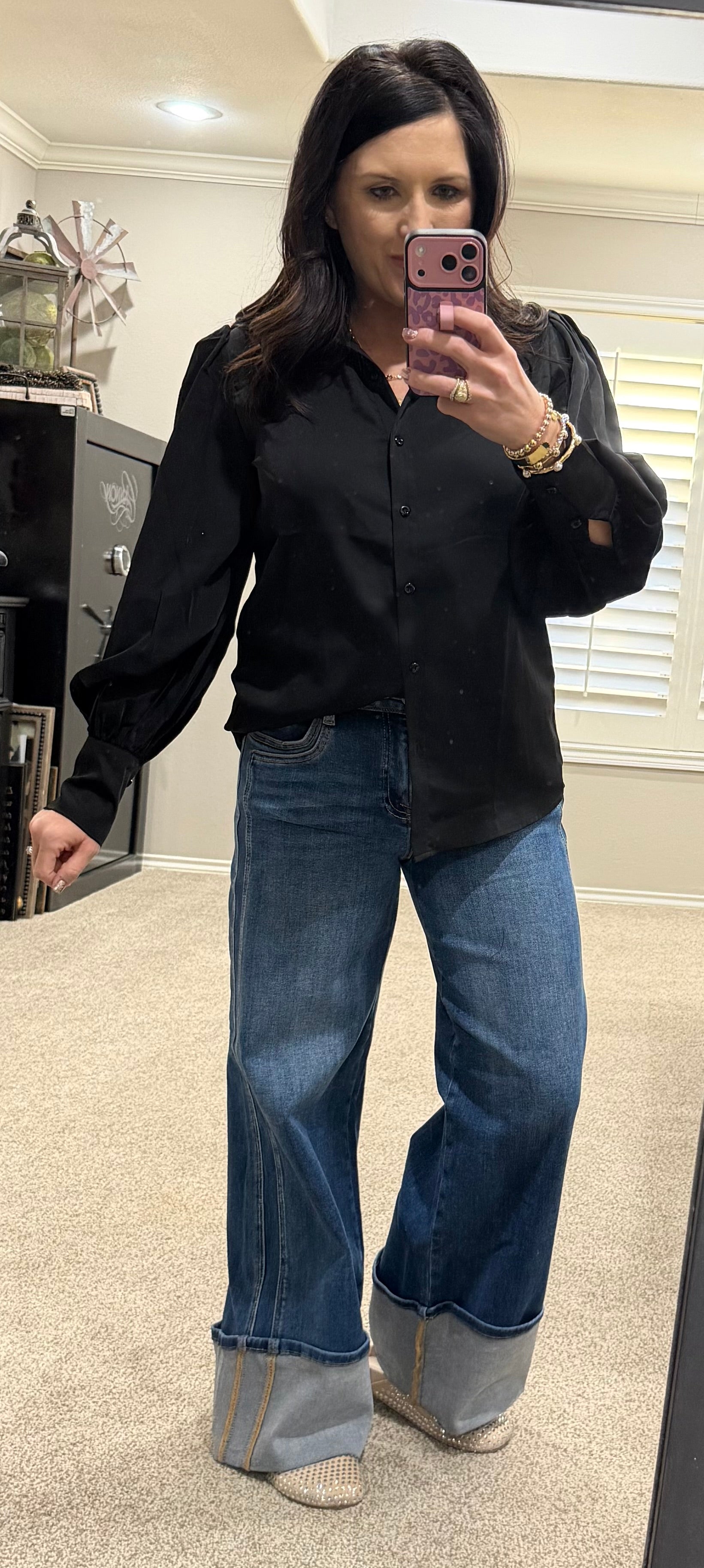 Black Button Down w/ Puff Sleeves