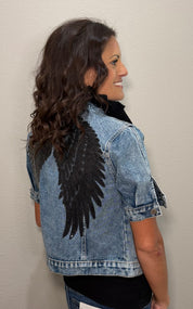 Short Sleeve Denim Jacket w/ Ruffle Collar Details & Embellished Back