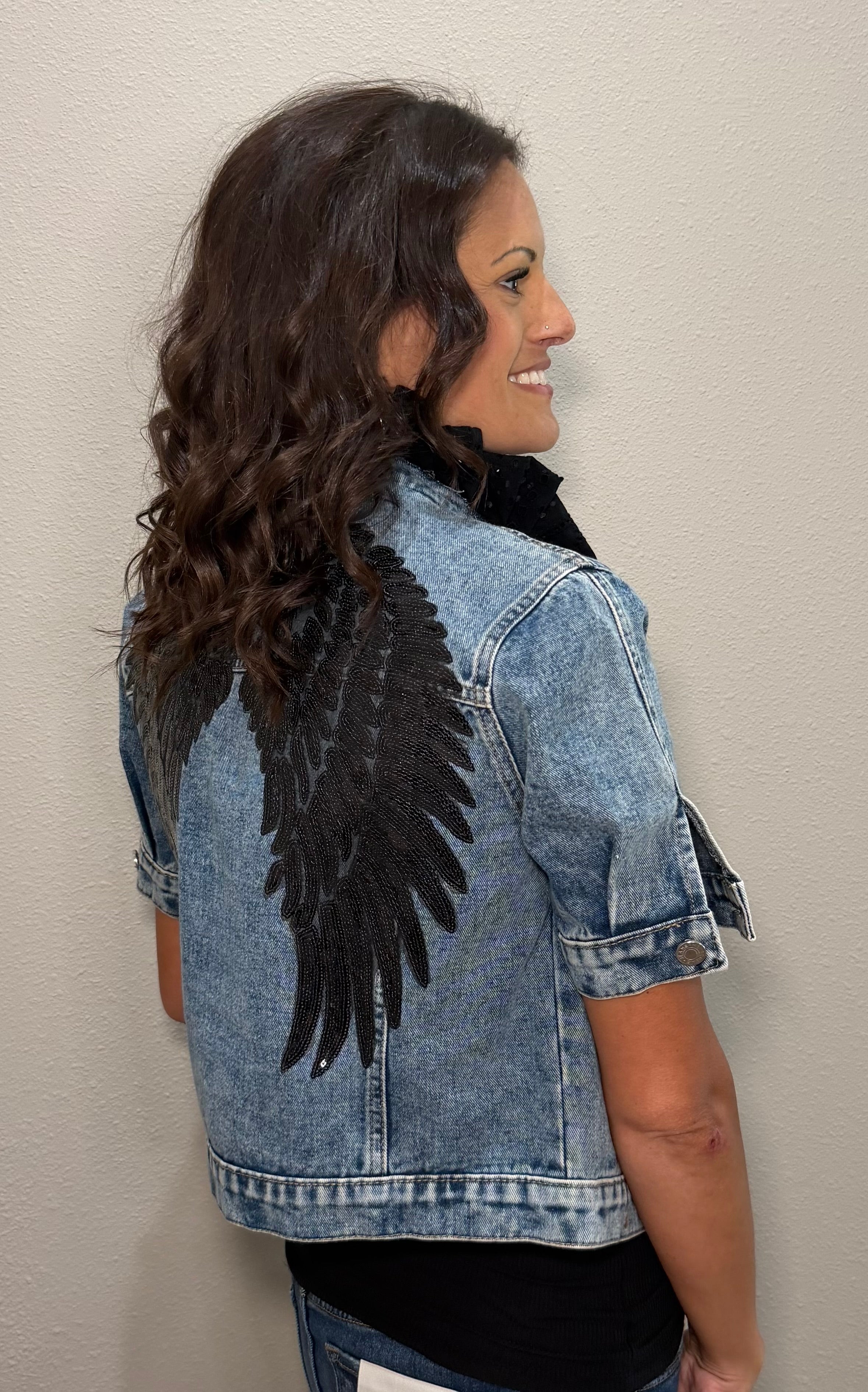Short Sleeve Denim Jacket w/ Ruffle Collar Details & Embellished Back