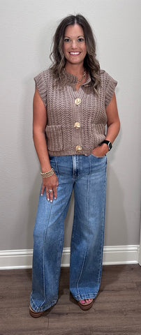 Mocha Sleeveless Sweater Vest w/ Gold Buttons