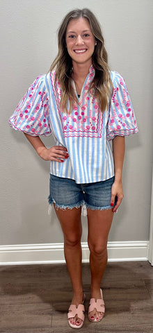 Blue Striped THML Puff Sleeve Top w/ Pink Floral Embroidered Accents