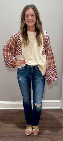 Cream & Brick Mixed Media Plaid Patchwork Top